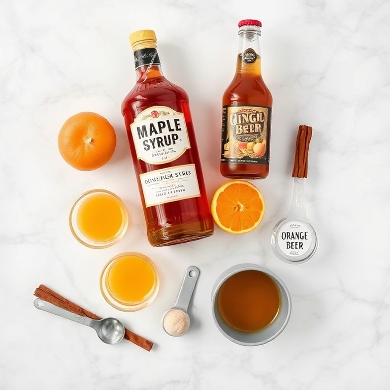 All the ingredients for a smoky campfire mule cocktail: bourbon, maple syrup, ginger beer, orange juice, and a charred cinnamon stick.