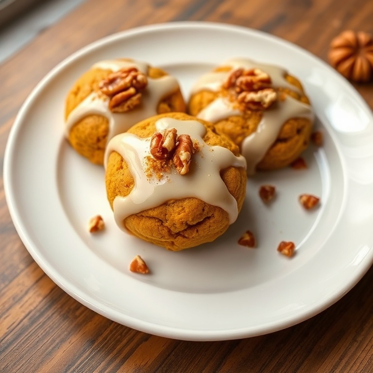 Perfectly plated soft pumpkin spice cookies with maple glaze. Garnished with crushed walnuts on a white ceramic plate.
