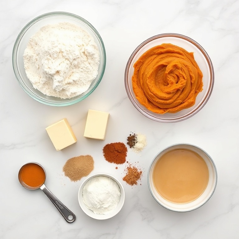 All ingredients for soft pumpkin spice cookies. Flour, butter, pumpkin puree, spices, and maple glaze components arranged in a flat lay.