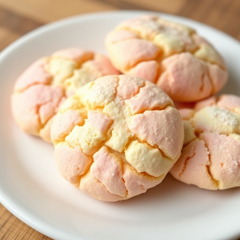 Soft Spring Crinkle Cookies plated. Pastel colors, soft texture, and a sprinkle of sugar. Close-up shot on a white plate.