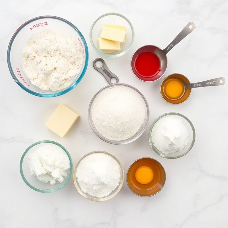 Raw ingredients for Soft Spring Crinkle Cookies. Flour, butter, sugar, food coloring, and eggs. Measuring tools and bowls visible.