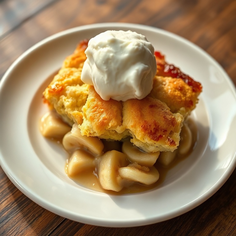 Serving of southern banana cobbler with a touch of vanilla ice cream on top. Plated on a white ceramic dish.