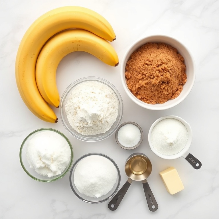 Bananas, flour, sugar, butter, and brown sugar arranged in a clean flat lay for easy measurement and prep.