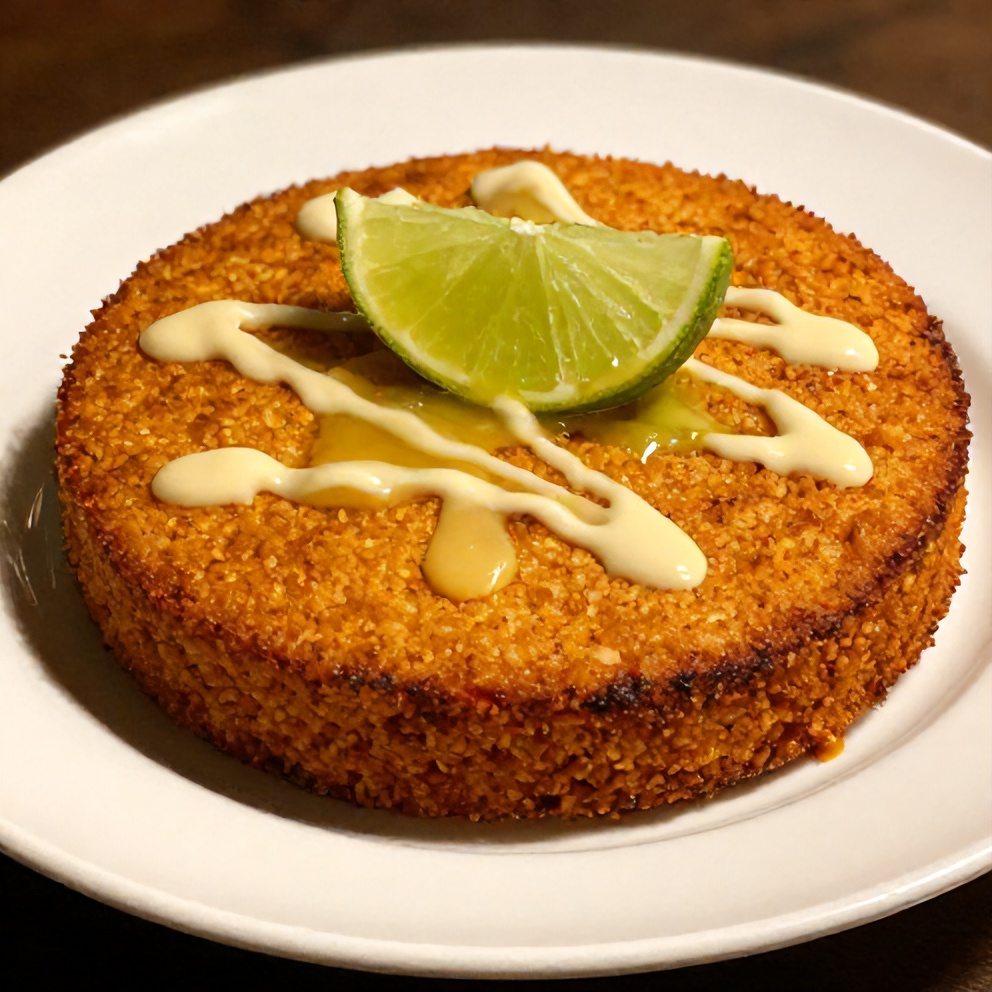 Spiced jalapeño cornbread topped with fresh lime drizzle. Served on a white ceramic plate. Warm lighting highlights the texture and color.