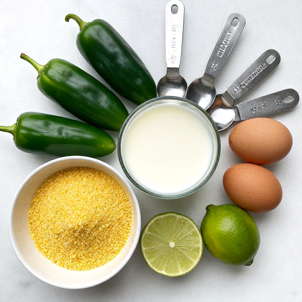 Raw ingredients for spicy jalapeño cornbread. Cornmeal, jalapeños, buttermilk, eggs, and lime. Measuring cups, bowls, and spoons on a white marble surface.