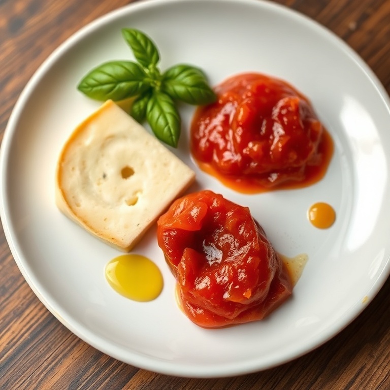 A small scoop of spicy tomato jam on a white ceramic plate with a slice of cheese, fresh basil, and a drizzle of olive oil, showing the rich texture and colors.