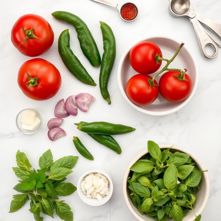 Raw ingredients for spicy tomato jam: fresh tomatoes, jalapeños, red onions, garlic, and fresh basil arranged in an overhead flat lay on a white marble surface with measuring tools and bowls nearby.