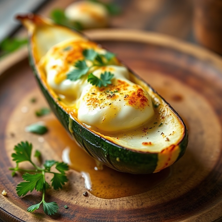 Plated spinach stuffed zucchini boats