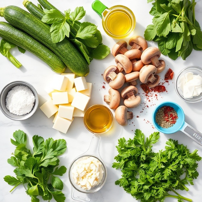 Raw ingredients for spinach stuffed zucchini boats