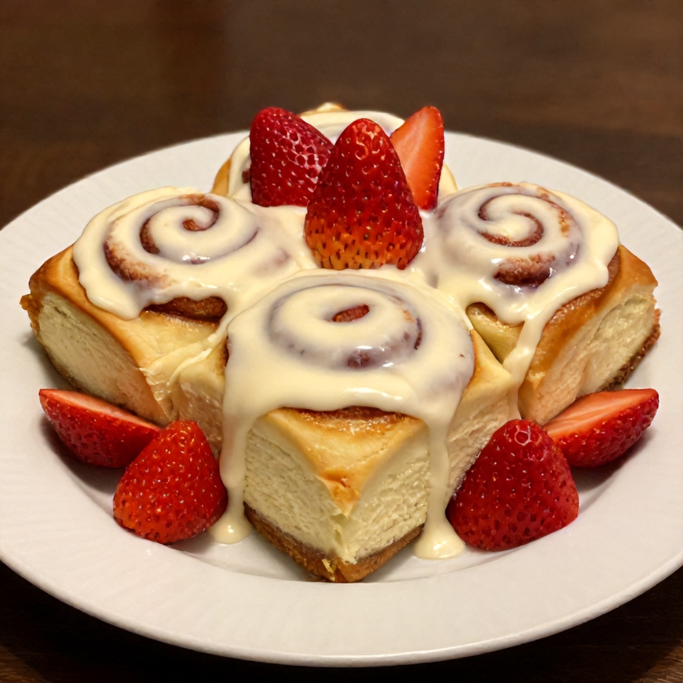 Perfectly plated Strawberry Cheesecake Cinnamon Rolls with cream cheese icing. Garnished with fresh strawberries on a white plate.