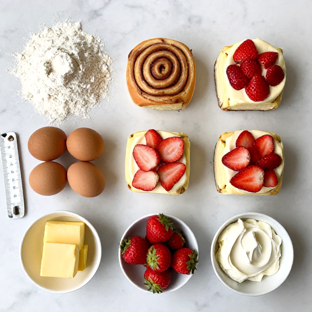 Raw ingredients for Strawberry Cheesecake Cinnamon Rolls arranged in a flat lay. Flour, eggs, butter, strawberries, and cream cheese visible. Measuring tools and bowls nearby.