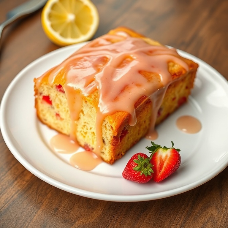Perfect plated serving of strawberry lemonade bread. Tangy glaze drizzled over the top. Served on a white ceramic plate. Warm side lighting showing texture. Photorealistic food photography. No text. No watermark.