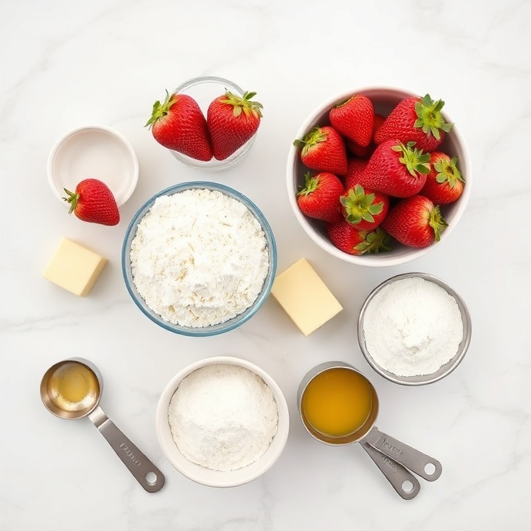 Raw ingredients for strawberry lemonade bread. Fresh strawberries, lemon zest, flour, butter, sugar, and eggs arranged in an overhead flat lay. Measuring cups and spoons visible. White marble surface. Bright even light. Photorealistic overhead food photography. No text. No watermark.