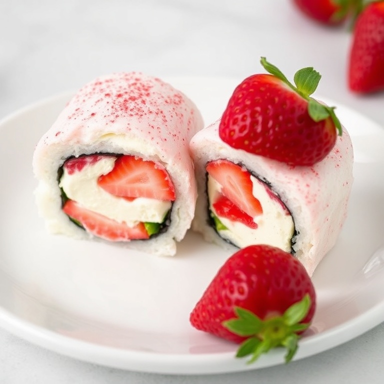 Strawberry Shortcake Sushi Roll sliced in half. Fresh strawberries and whipped cream visible. Served on a white plate with a strawberry garnish.