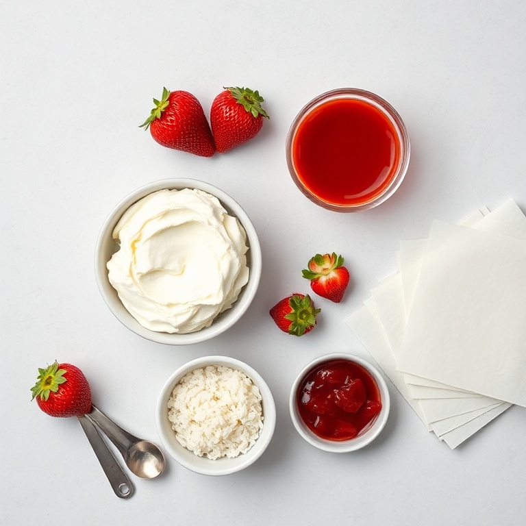 Fresh strawberries, cream cheese, sushi rice, strawberry jam, and rice paper sheets arranged in a clean flat lay. Measuring spoons and bowls nearby.