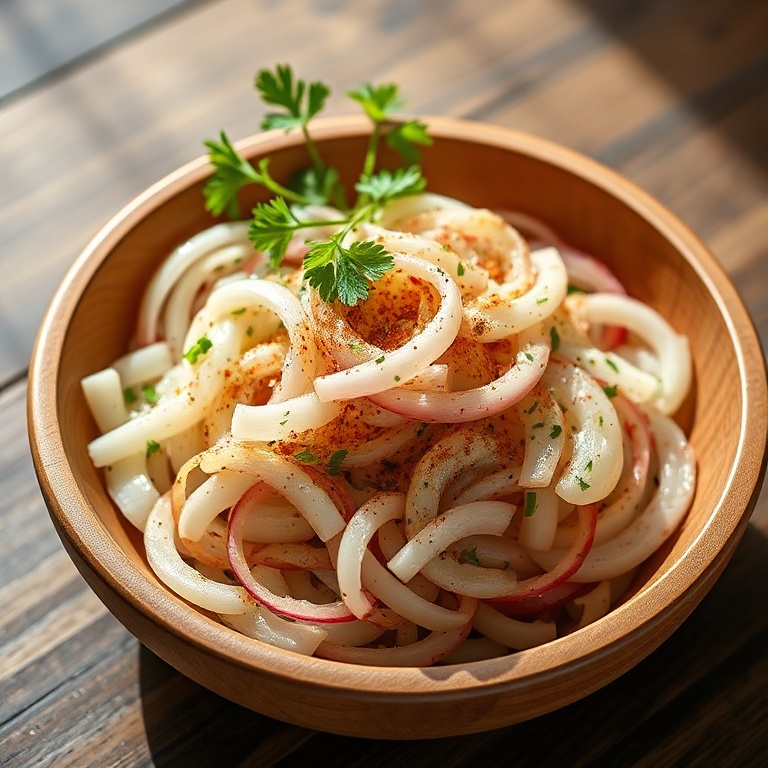 Plate of sumac onion salad with parsley garnish
