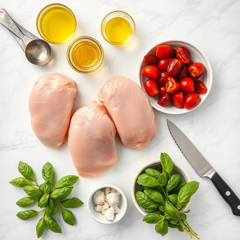 Raw ingredients for sun dried tomato chicken skillet