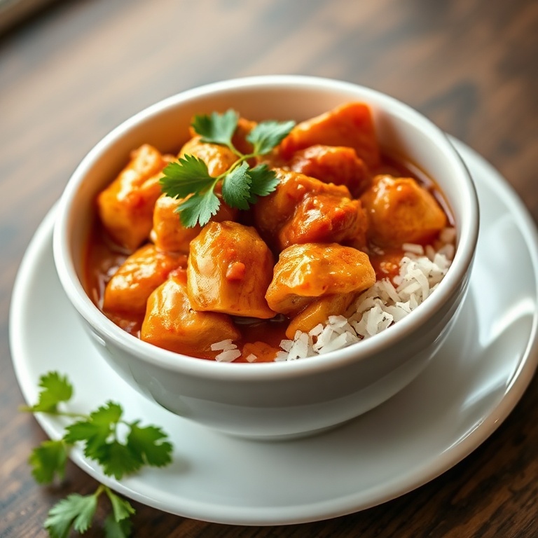Perfectly plated Sweet Chili Chicken Bowl. Garnished with cilantro on a white ceramic bowl. Warm light shows the sauce and chicken texture.
