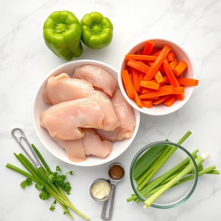 Raw ingredients for Sweet Chili Chicken Bowl. Chicken breast, bell peppers, carrots, green onions, and lime. Measuring spoons and bowls on a white surface.