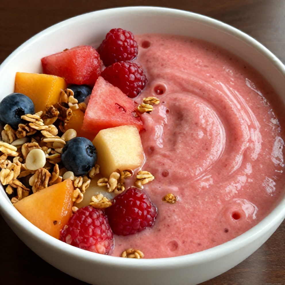 A close-up of a perfectly plated thick and creamy watermelon smoothie bowl with fresh fruit and granola toppings, with warm side lighting highlighting the texture.