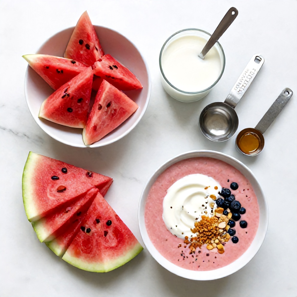 An overhead flat lay of ingredients for a thick and creamy watermelon smoothie bowl, including watermelon, yogurt, milk, honey, and toppings.
