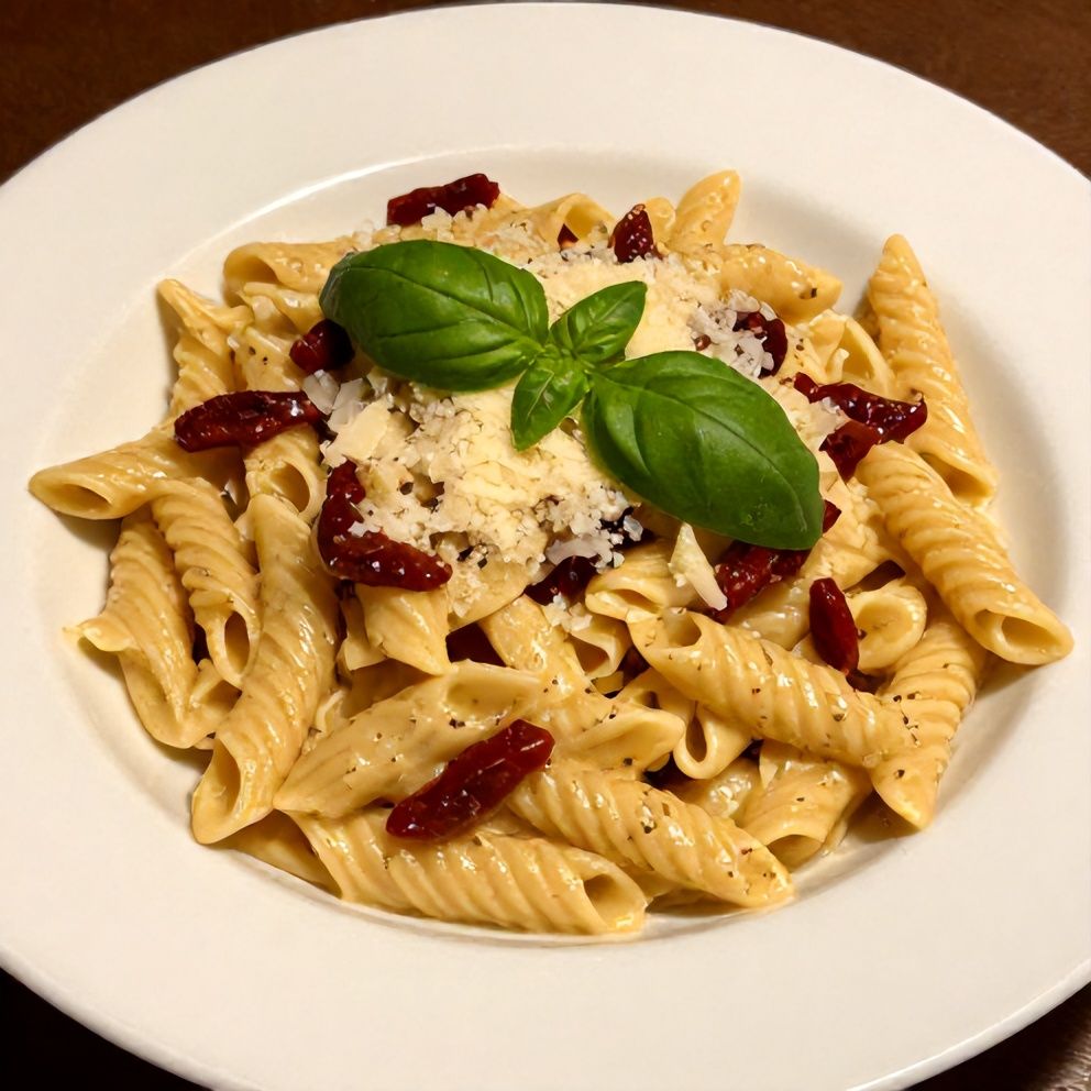 Plated creamy vegan sun dried tomato pasta