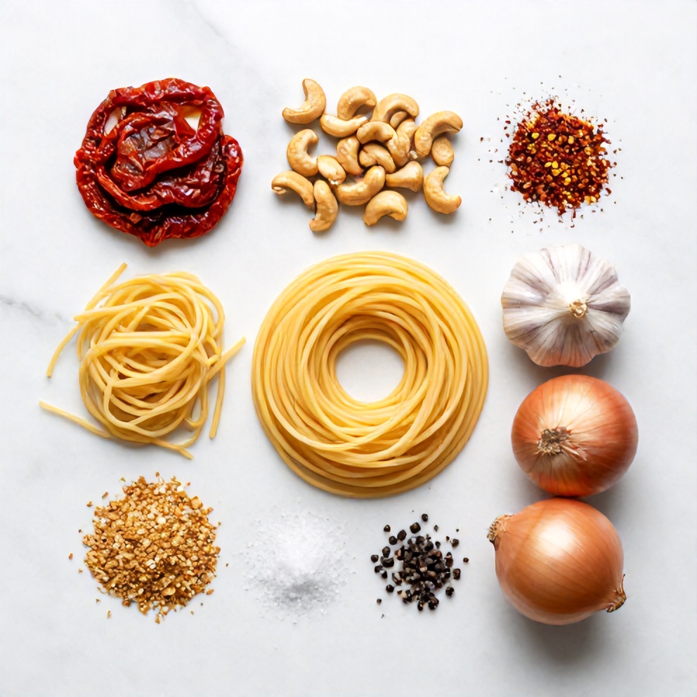 Raw ingredients for vegan sun dried tomato pasta