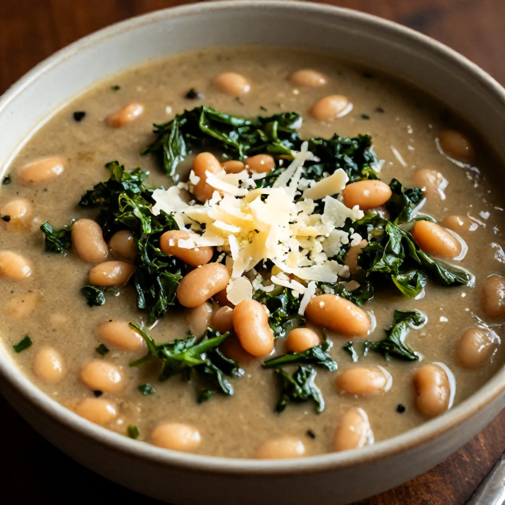 Bowl of White Bean and Kale Soup with a sprinkle of parmesan