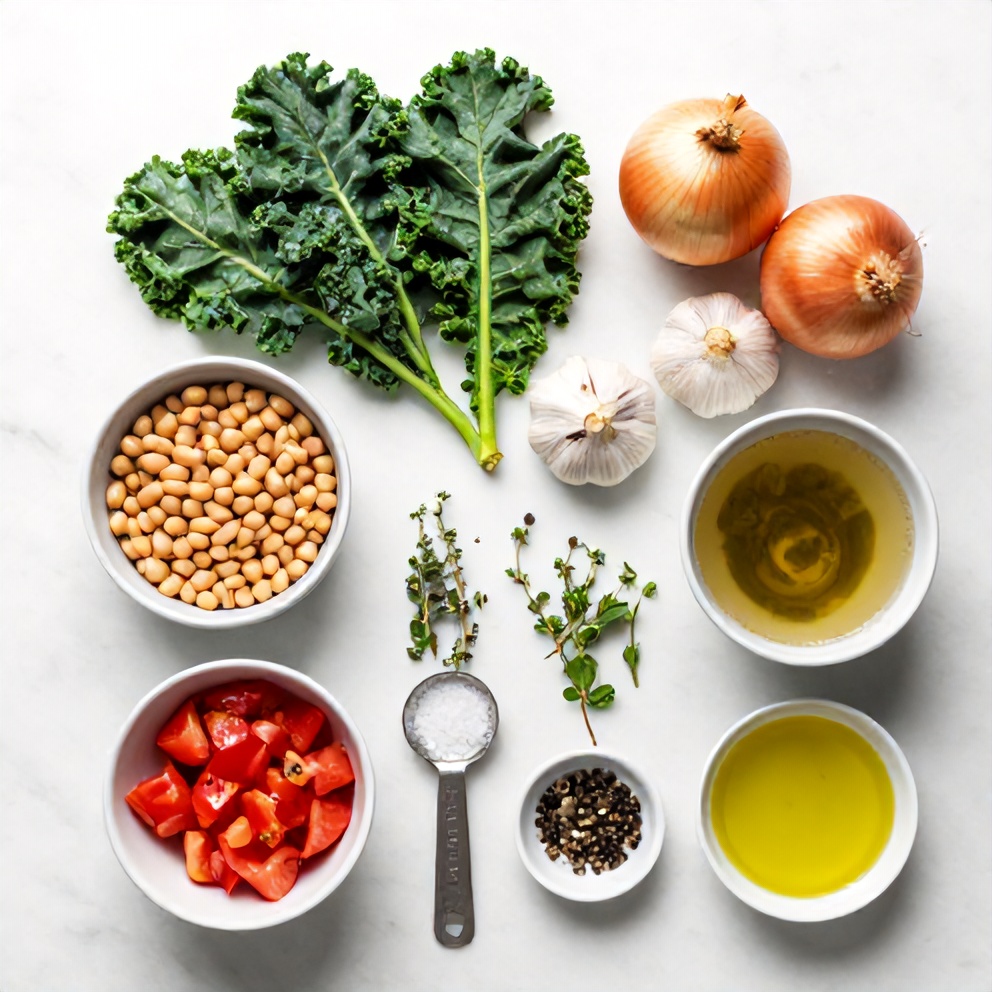 White beans, kale, garlic, onion, and vegetable broth on a wooden surface
