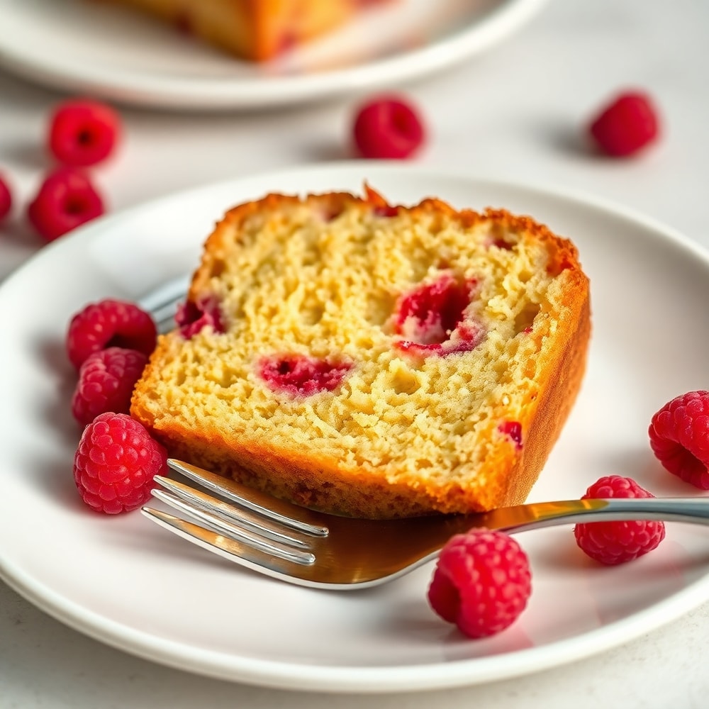 Slice of raspberry bread with powdered sugar