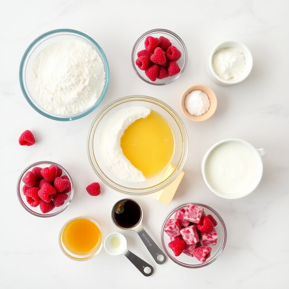Raspberry bread ingredients on a marble surface