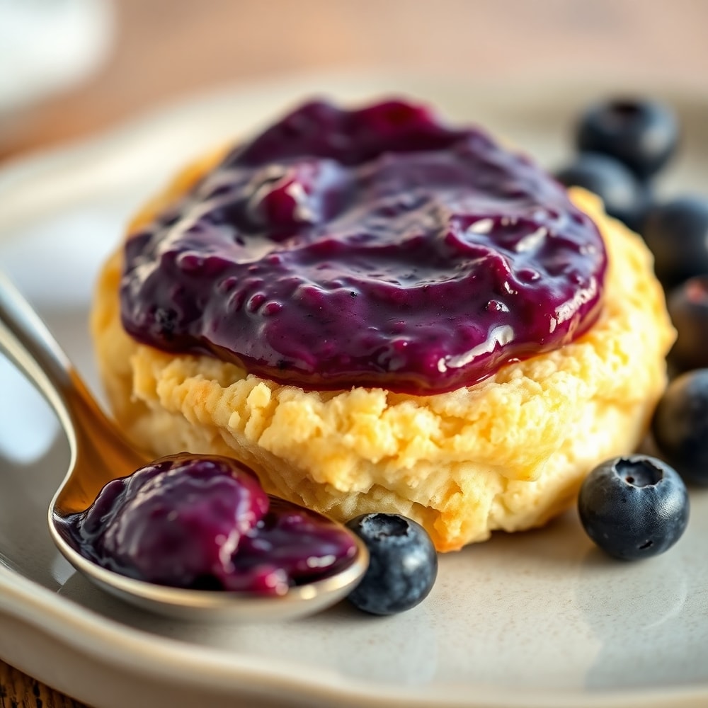 Blueberry butter served on a biscuit, with a spoonful of blueberries on the side