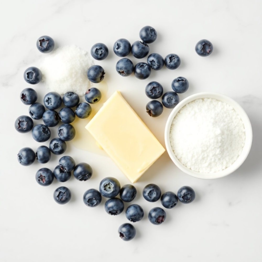 Blueberries, butter, lemon juice, and sugar arranged on a wooden surface