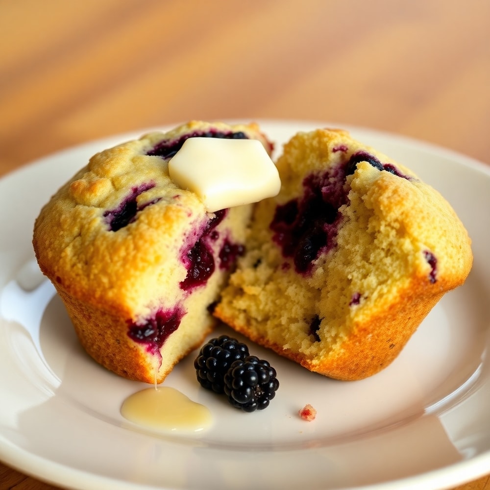 Plated serving of blackberry muffins with a pat of butter