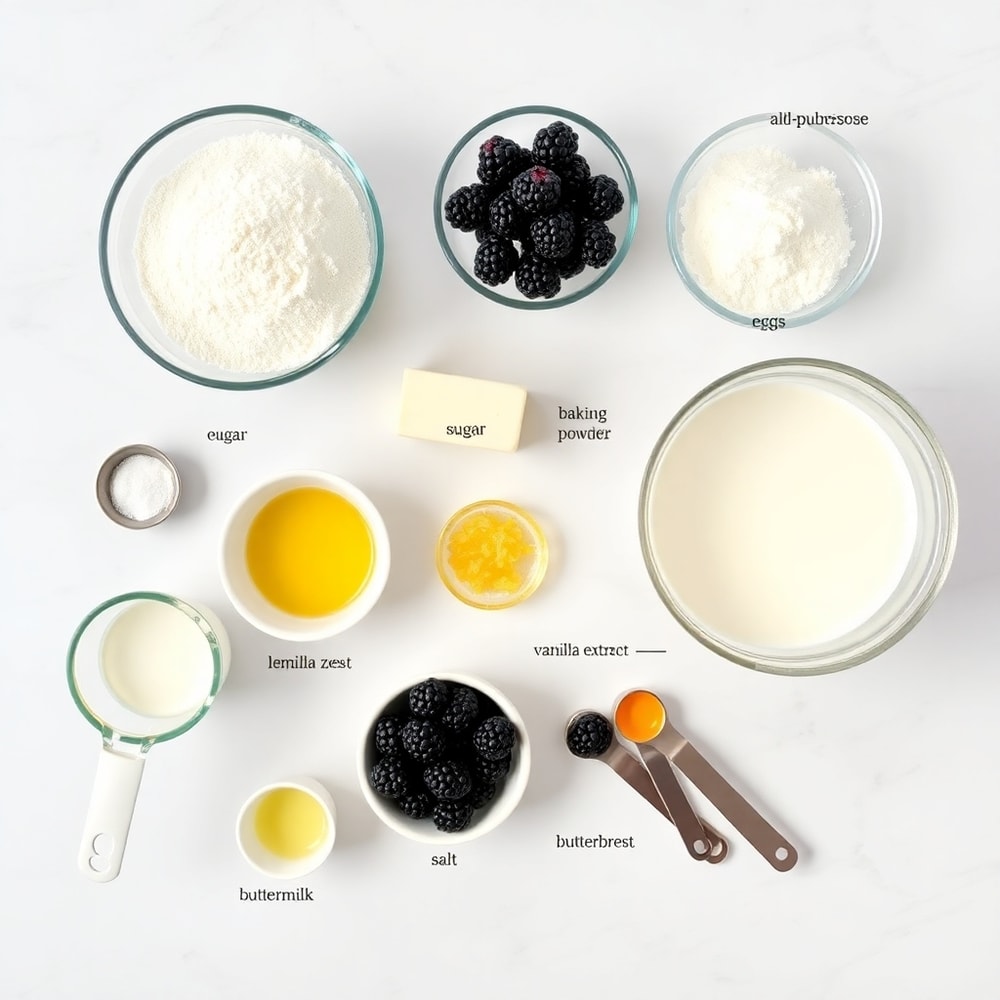 Flat lay of ingredients for blackberry muffins