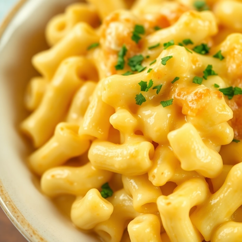 Plated serving of creamy baked macaroni and cheese