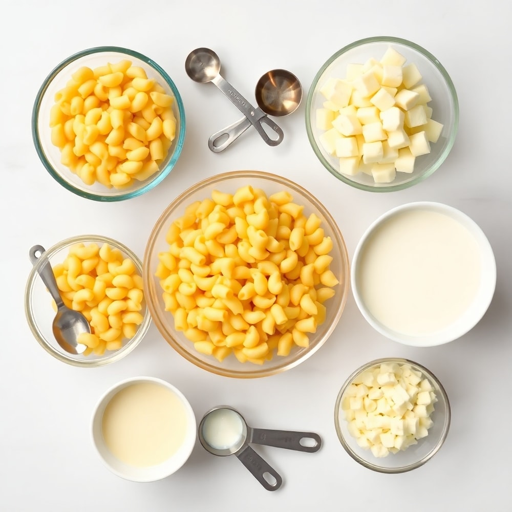 Raw ingredients for creamy baked macaroni and cheese