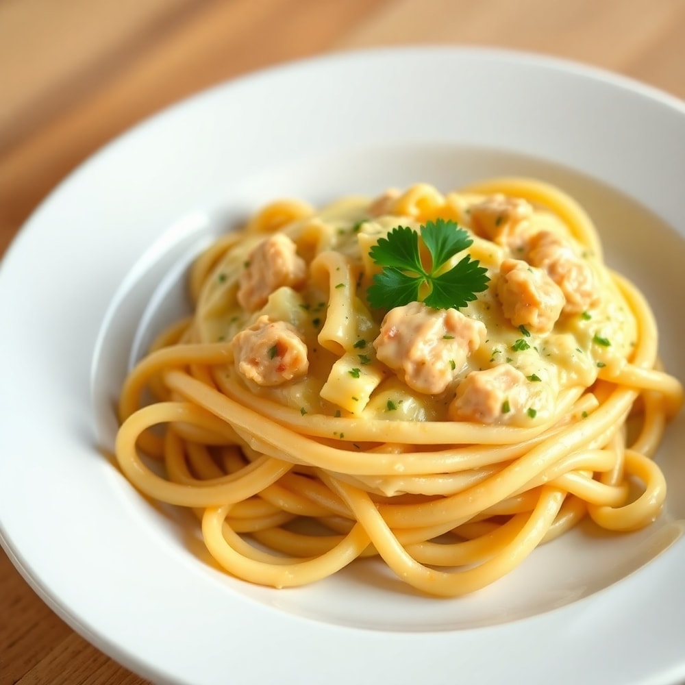 Plated Creamy Crack Chicken Pasta with parsley garnish