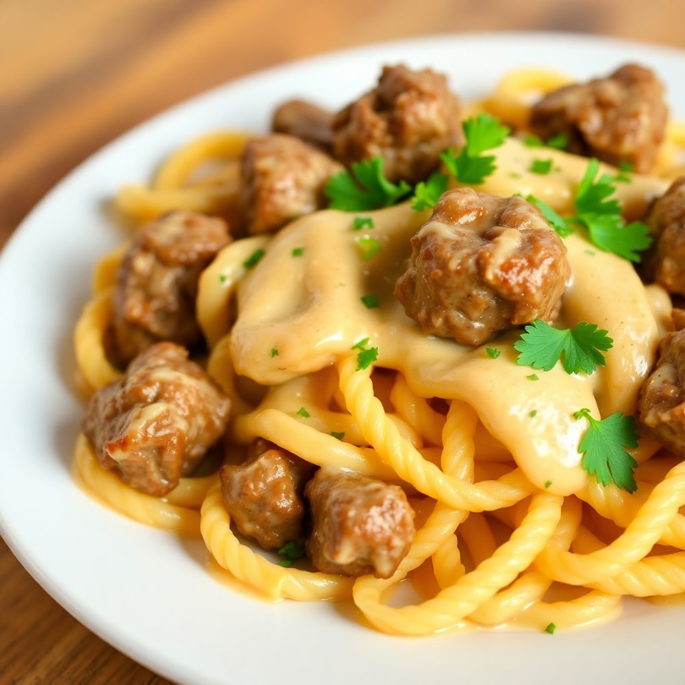 Plated serving of Creamy Garlic Butter Steak Bites with Spicy Cajun Alfredo Twisted Pasta