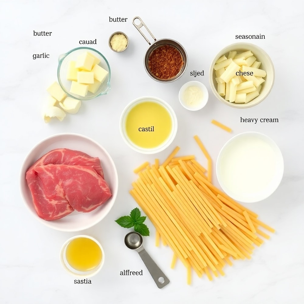 Raw ingredients for Creamy Garlic Butter Steak Bites with Spicy Cajun Alfredo Twisted Pasta