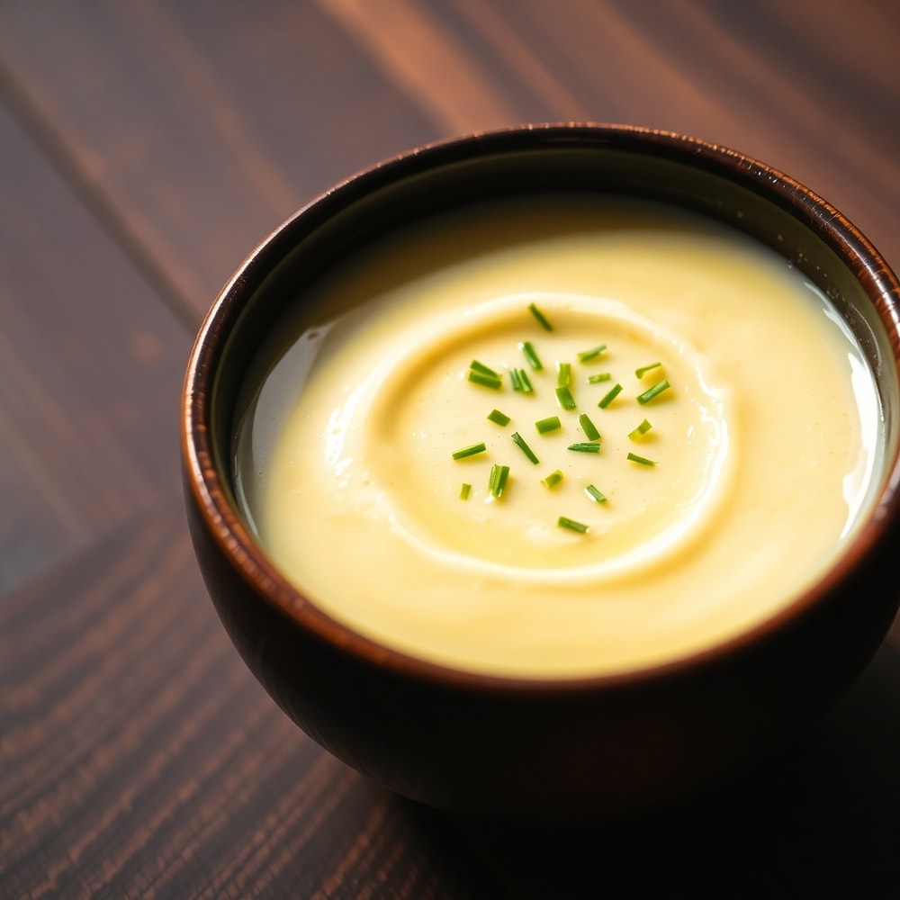 Bowl of creamy potato soup with a sprinkle of chives