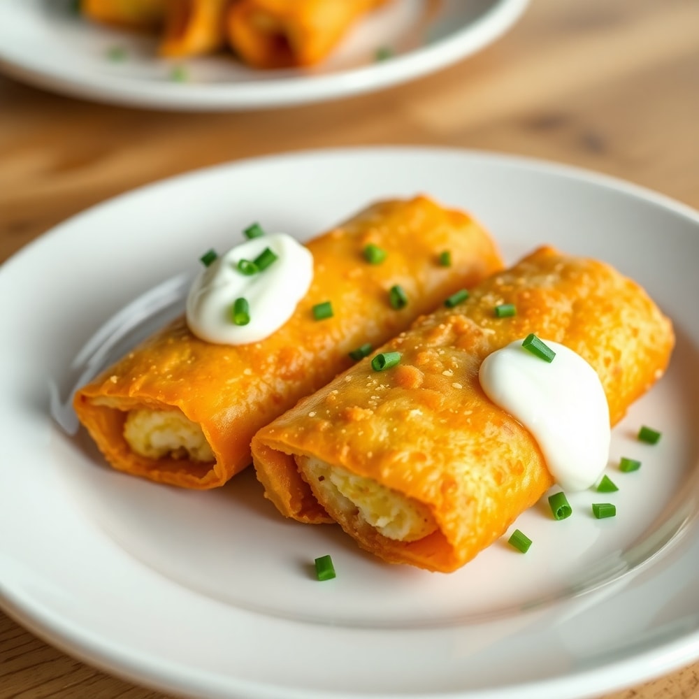 Plated serving of crispy breakfast egg rolls