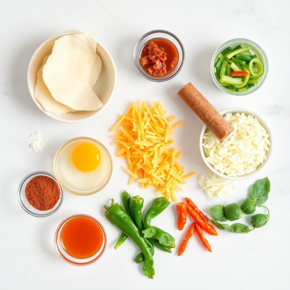 Raw ingredients for breakfast egg rolls on a marble surface