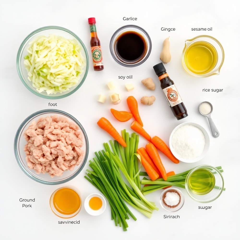 Egg Roll in a Bowl ingredients: ground pork, cabbage, carrots, green onions, garlic, ginger, soy sauce