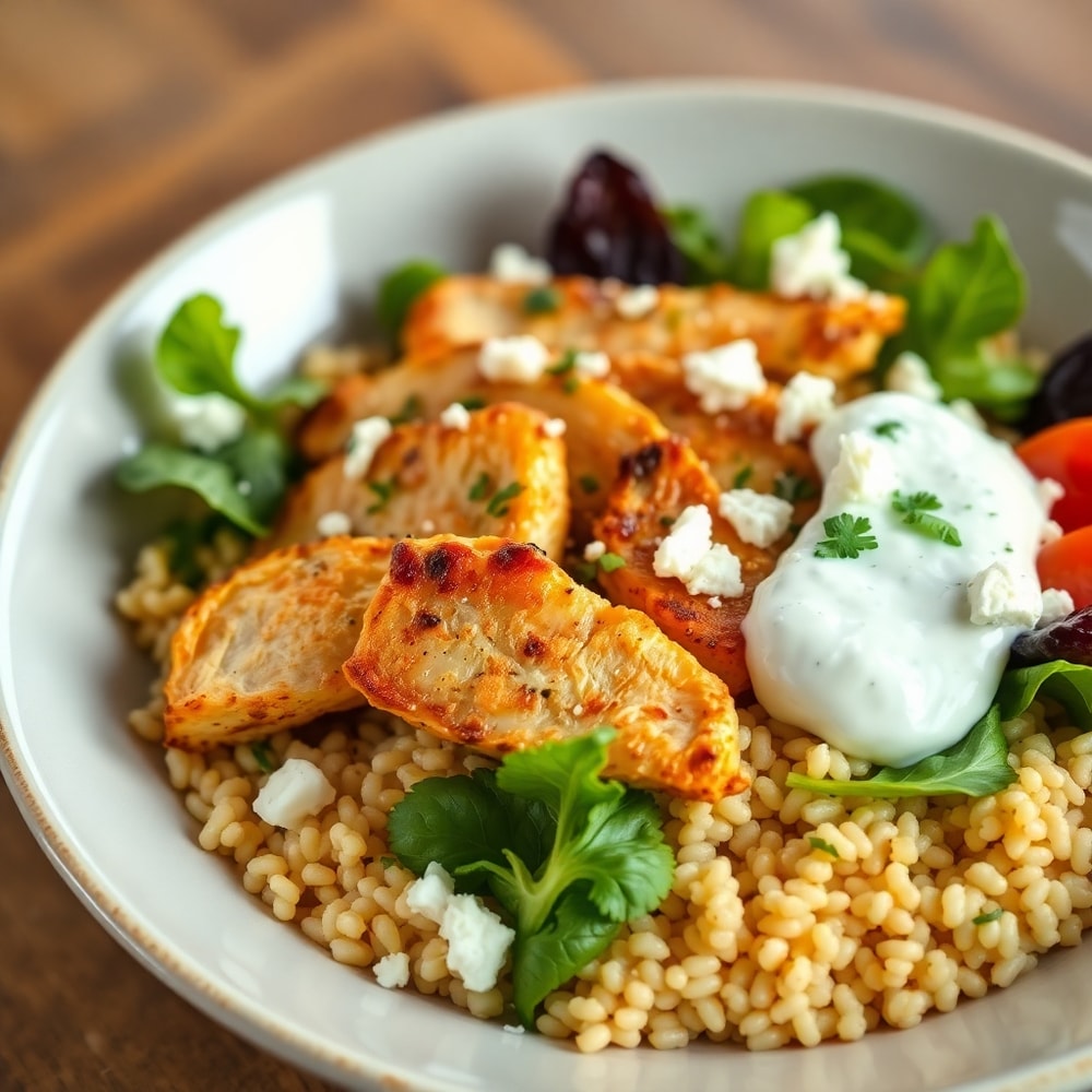 Plated Greek Chicken Bowl with tzatziki