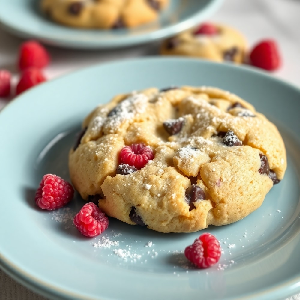 Raspberry Chocolate Chip Cookies on a light blue plate