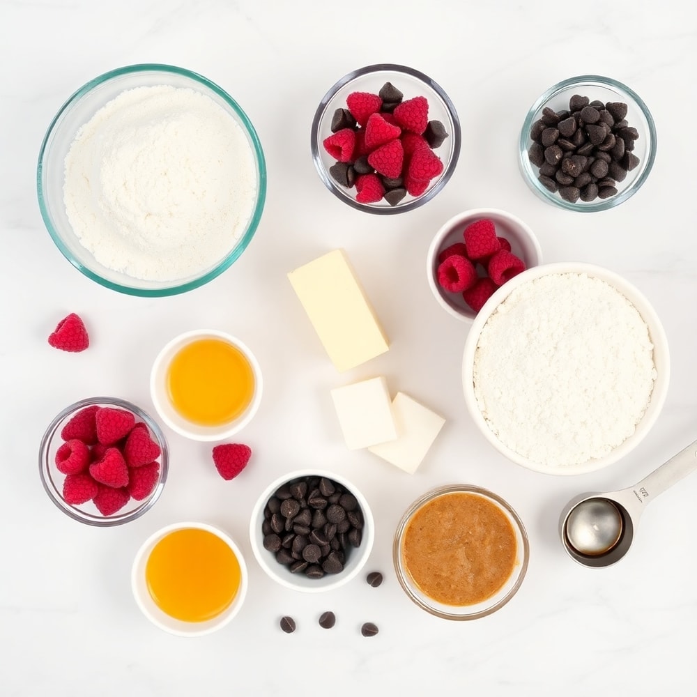 Raw ingredients for Raspberry Chocolate Chip Cookies on a white marble surface