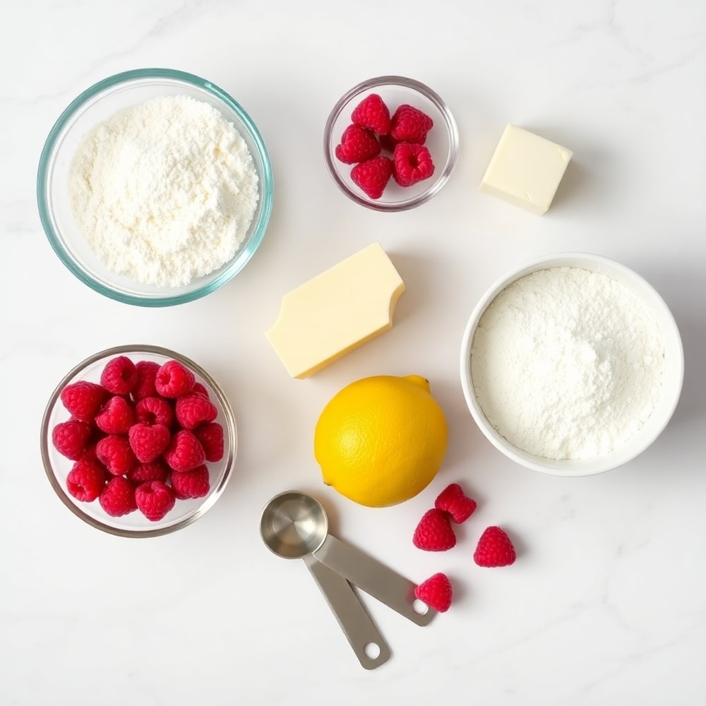 Raspberry Lemon Cookies ingredients on a white marble surface