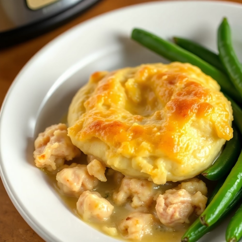 Plated serving of Crockpot Chicken Pot Pie with a side of green beans