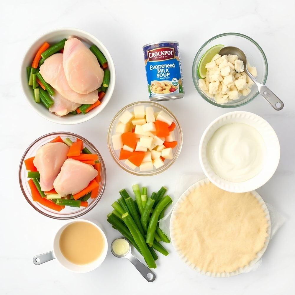 Raw ingredients for Crockpot Chicken Pot Pie on a white marble surface